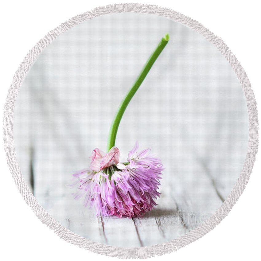 Flower Round Beach Towel featuring the photograph Upside Down Chive Flowers by Stephanie Frey