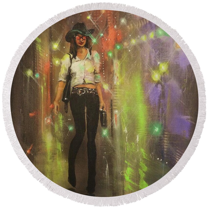 City At Night Round Beach Towel featuring the painting Urban Cowgirl by Tom Shropshire