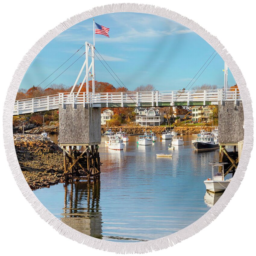 Estock Round Beach Towel featuring the digital art Usa, Maine, Ogunquit, Perkins Cove And Footbridge by Andres Uribe