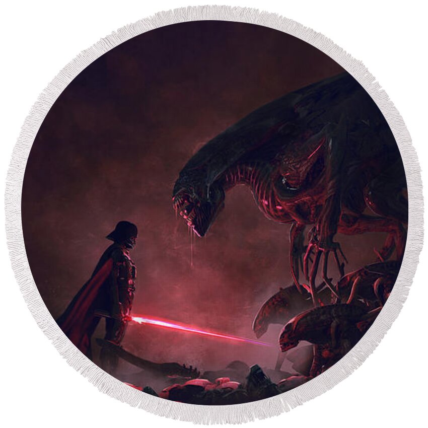Star Wars Round Beach Towel featuring the digital art Vader vs Aliens 1 by Guillem H Pongiluppi