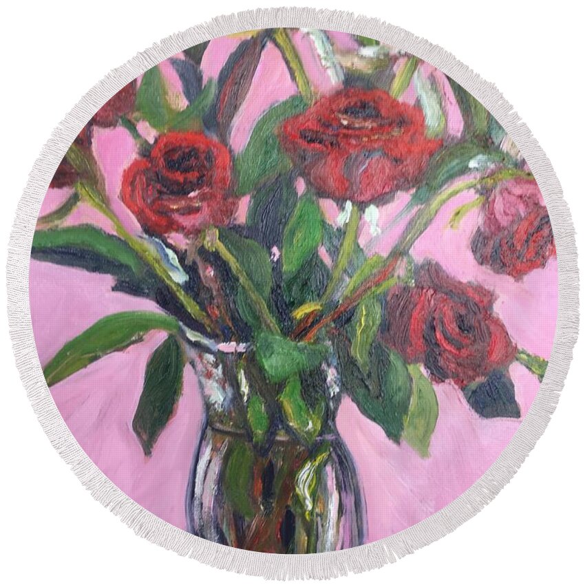 Roses. Still Life Round Beach Towel featuring the painting Valentine Roses by Beth Riso