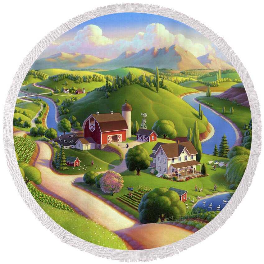 Farm Painting Round Beach Towel featuring the painting Valley Spring Farm by Robin Moline