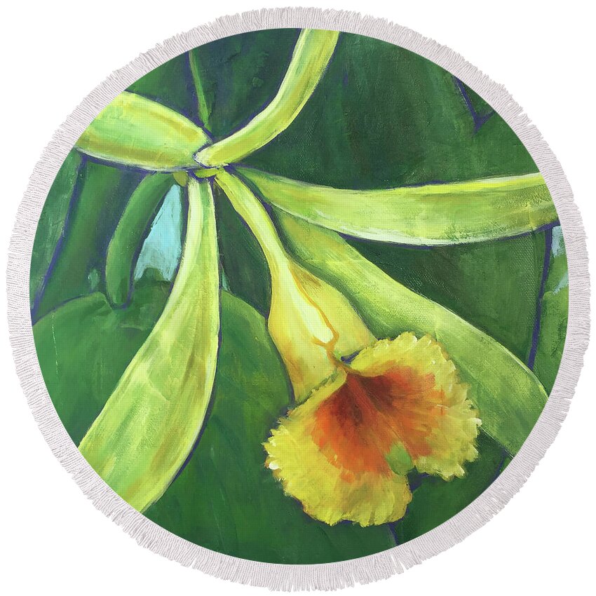 Orchid Round Beach Towel featuring the painting Vanilla Orchid by Tara D Kemp