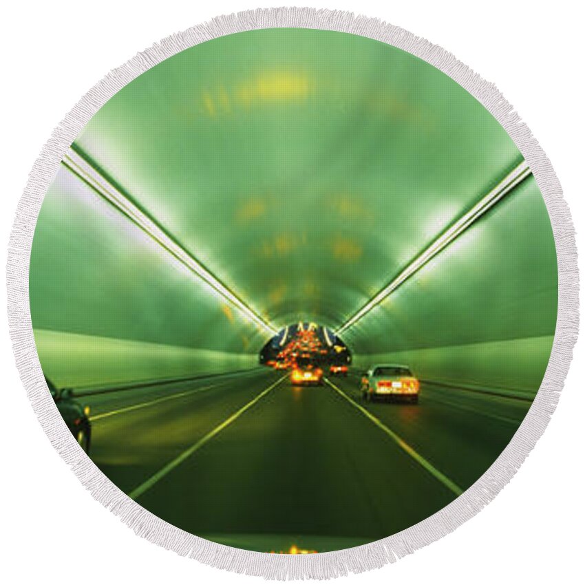 Photography Round Beach Towel featuring the photograph Vehicles Passing Through A Tunnel, Bay by Panoramic Images