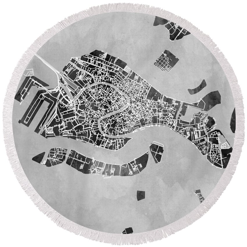 Venice Round Beach Towel featuring the digital art Venice Italy City Map by Michael Tompsett