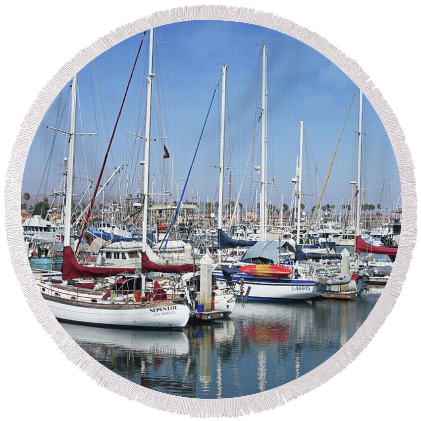 Harbor Round Beach Towel featuring the photograph Ventura Harbor by Linda Woods by Linda Woods
