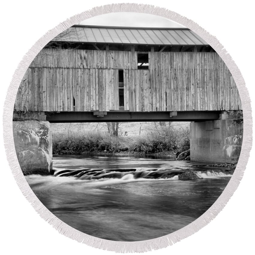 Scribner Covered Bridge Round Beach Towel featuring the photograph Vermont Mudgett Covered Bridge Black And White by Adam Jewell