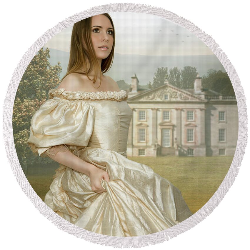 Historical; Woman; Girl; Beautiful; Walking; Vintage; Young; Dress; Victorian; Romantic; Romance; Attractive; 19th Century; 1800's; 1800s; Era; Historic; Garden; Grounds; Summer; Spring Round Beach Towel featuring the photograph Victorian Woman Walking, With Large House And Grounds by Ethiriel Photography