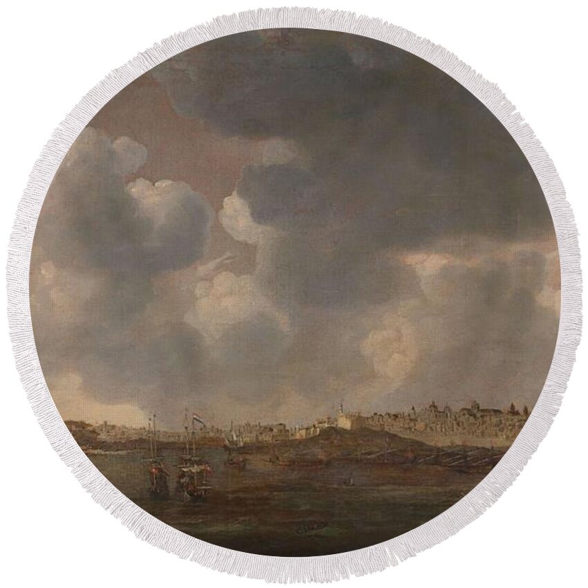 Admiraliteit Van Amsterdam Round Beach Towel featuring the painting View of Salee, Morocco. by Admiraliteit van Amsterdam Reinier Nooms -signed by artist-