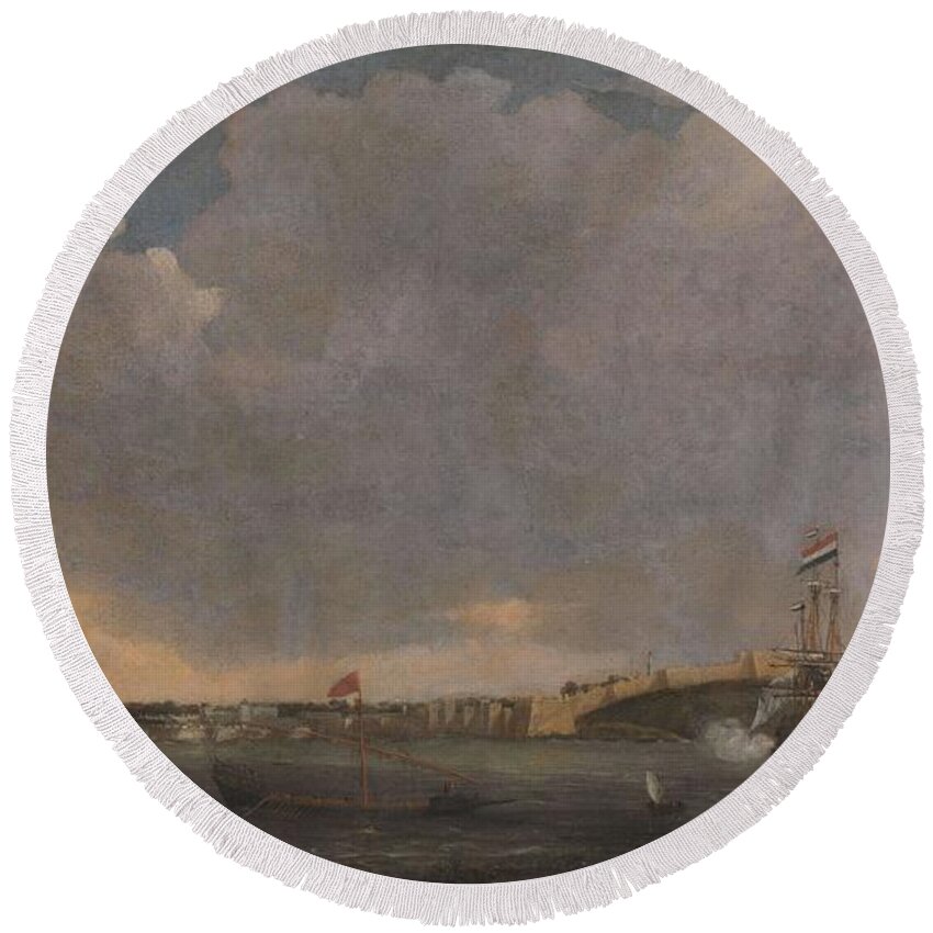 Admiraliteit Van Amsterdam Round Beach Towel featuring the painting View of Tripoli. by Admiraliteit van Amsterdam Reinier Nooms -signed by artist-
