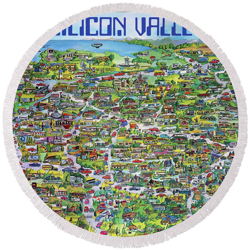Silicon Valley Round Beach Towel featuring the mixed media Vintage 1982 Silicon Valley USA Poster Print, Shows Many Historic Companies and Places by Kathy Anselmo