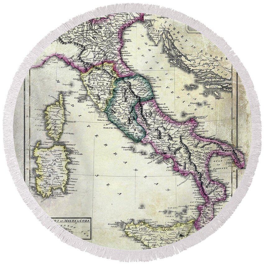 Italy Round Beach Towel featuring the photograph Vintage Map of Italy by Jon Neidert