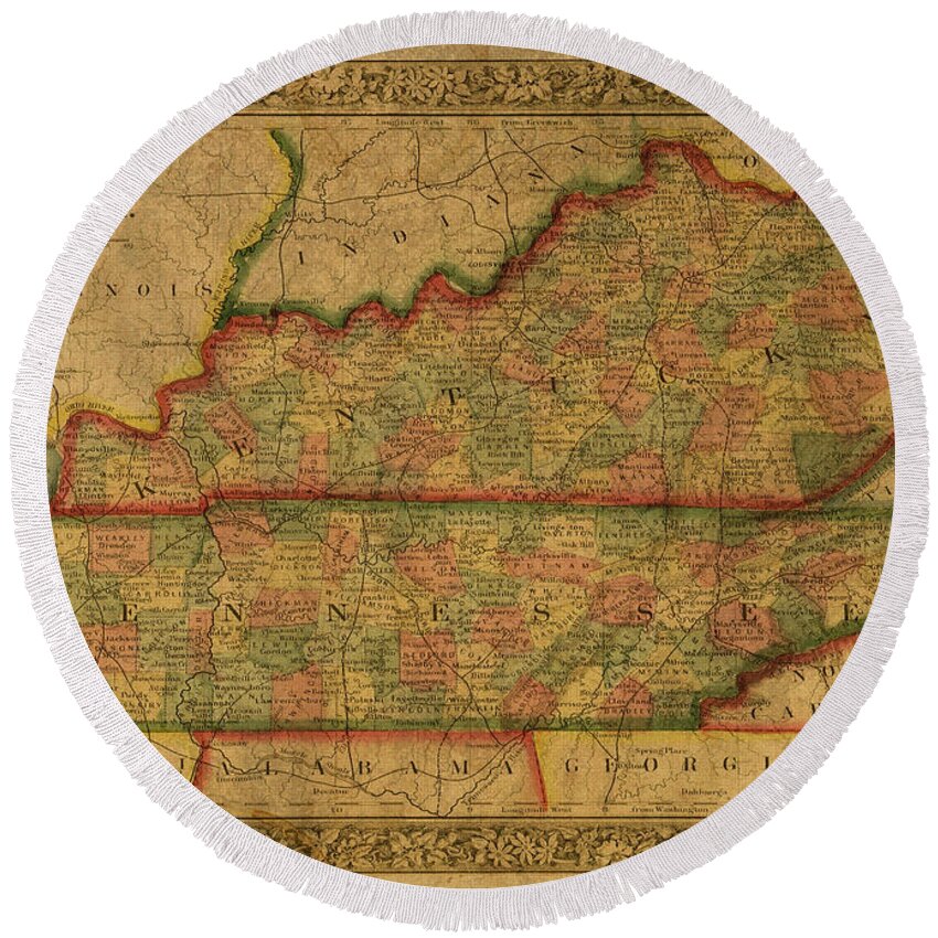 Vintage Round Beach Towel featuring the mixed media Vintage Map of Kentucky and Tennessee by Design Turnpike