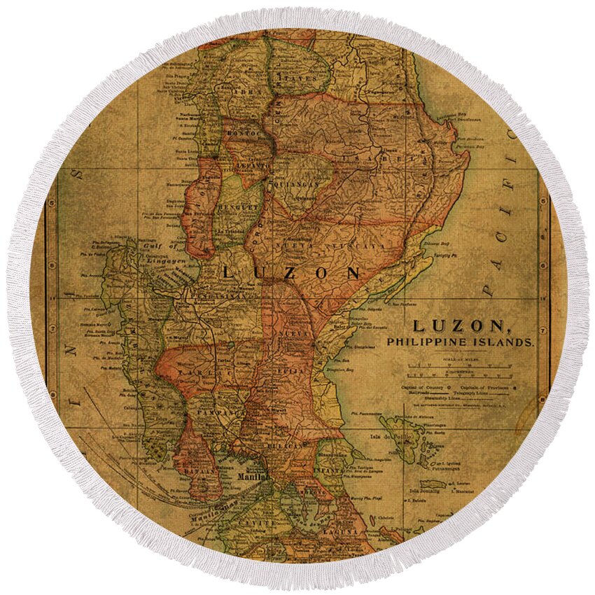 Vintage Round Beach Towel featuring the mixed media Vintage Map of Luzon Philippines 1899 by Design Turnpike