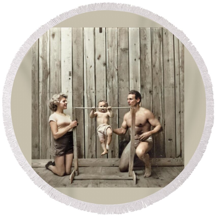 Colorized Round Beach Towel featuring the painting Vintage photo print baby toddler cute antique photograph gym decor wall decor nursery black and whit by Celestial Images