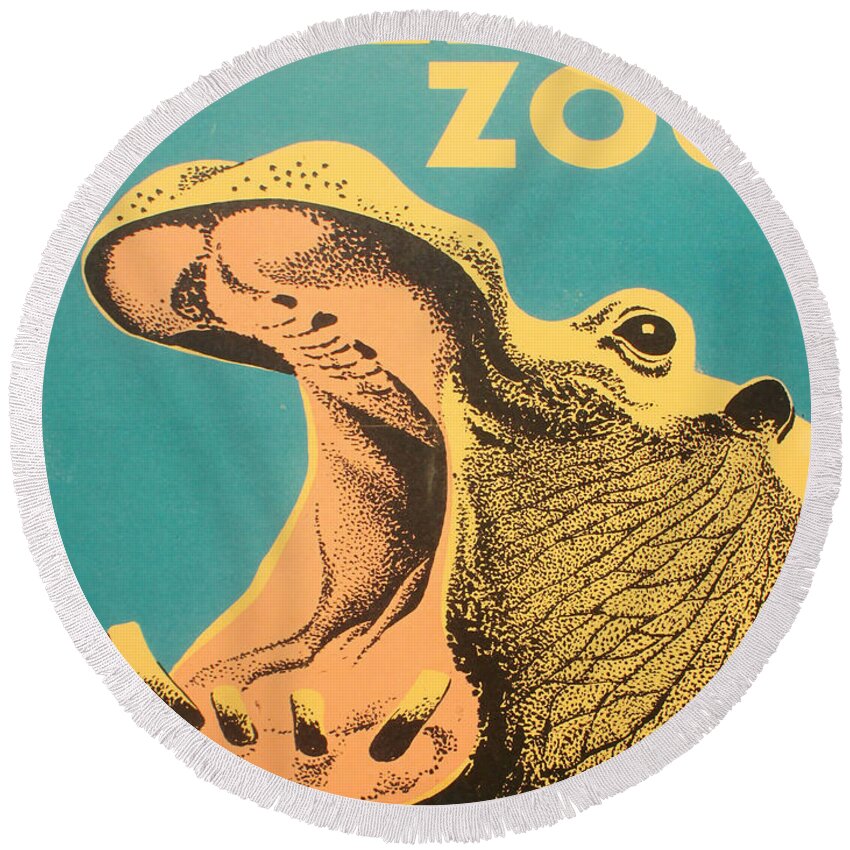 Vintage Round Beach Towel featuring the painting Vintage Poster Zoo Hippopotamus by Mindy Sommers