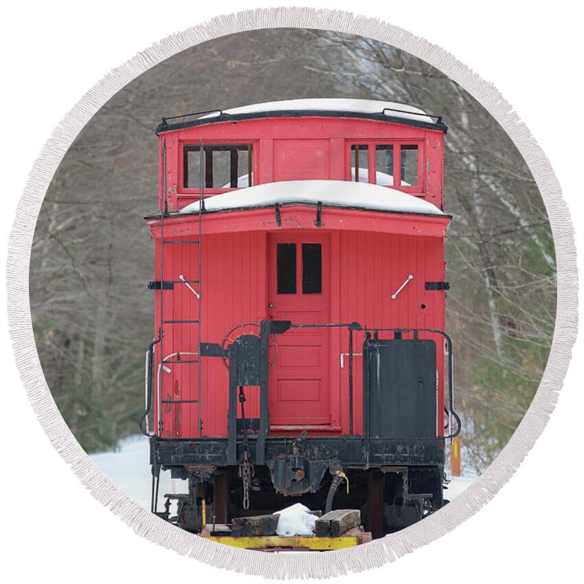 Train Round Beach Towel featuring the photograph Vintage Red Caboose in Winter by Edward Fielding