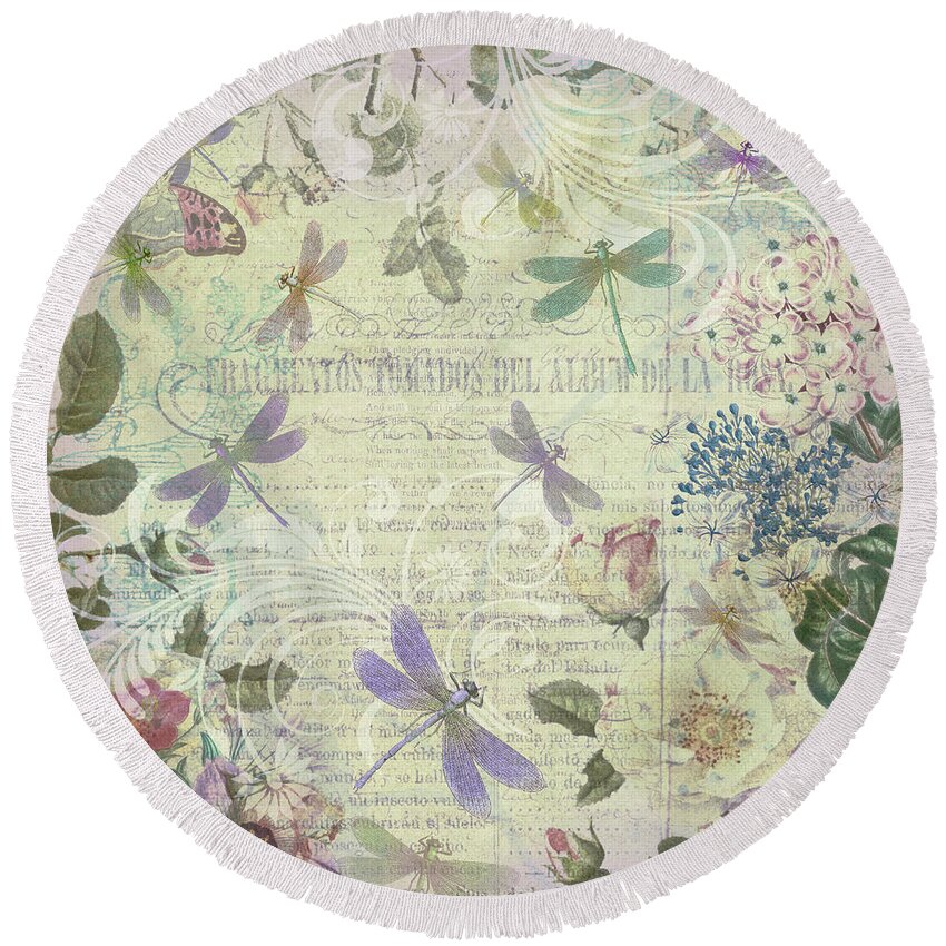 Vintage Round Beach Towel featuring the drawing Vintage Romantic Botanical with Dragonflies by Peggy Collins