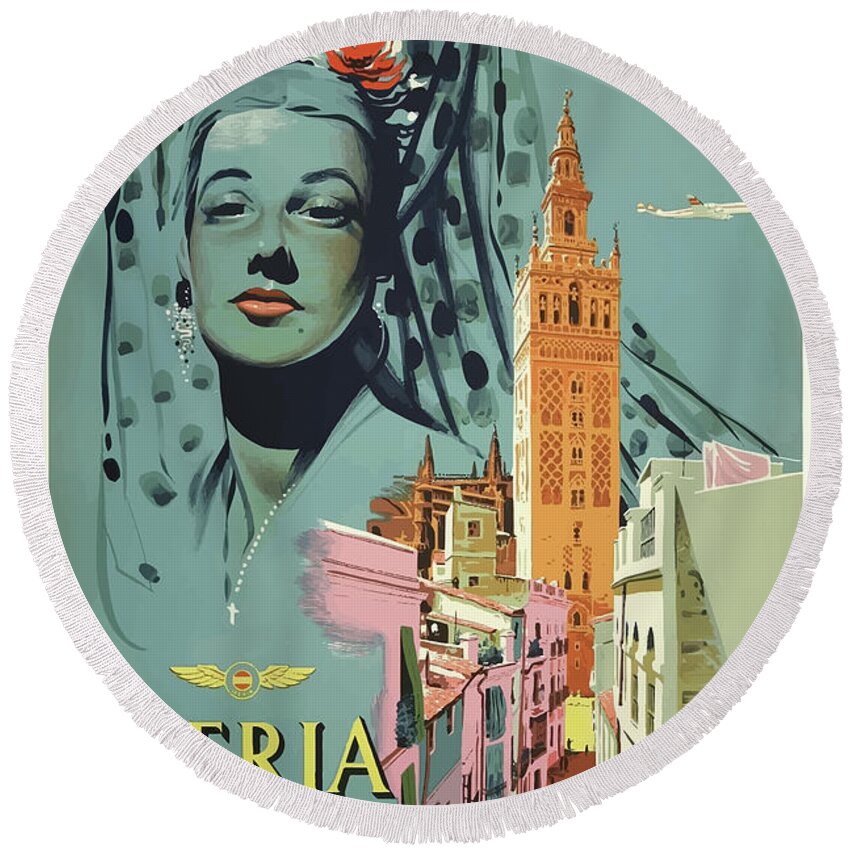 Vintage Round Beach Towel featuring the mixed media Vintage Travel Poster Andalusia Spain by Movie Poster Prints