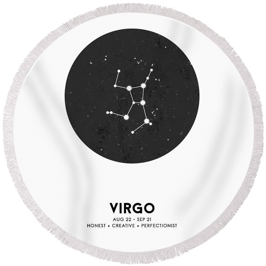 Virgo Round Beach Towel featuring the mixed media Virgo Print - Zodiac Signs Print - Zodiac Posters - Virgo Poster - Night Sky - Stars - Virgo Traits by Studio Grafiikka