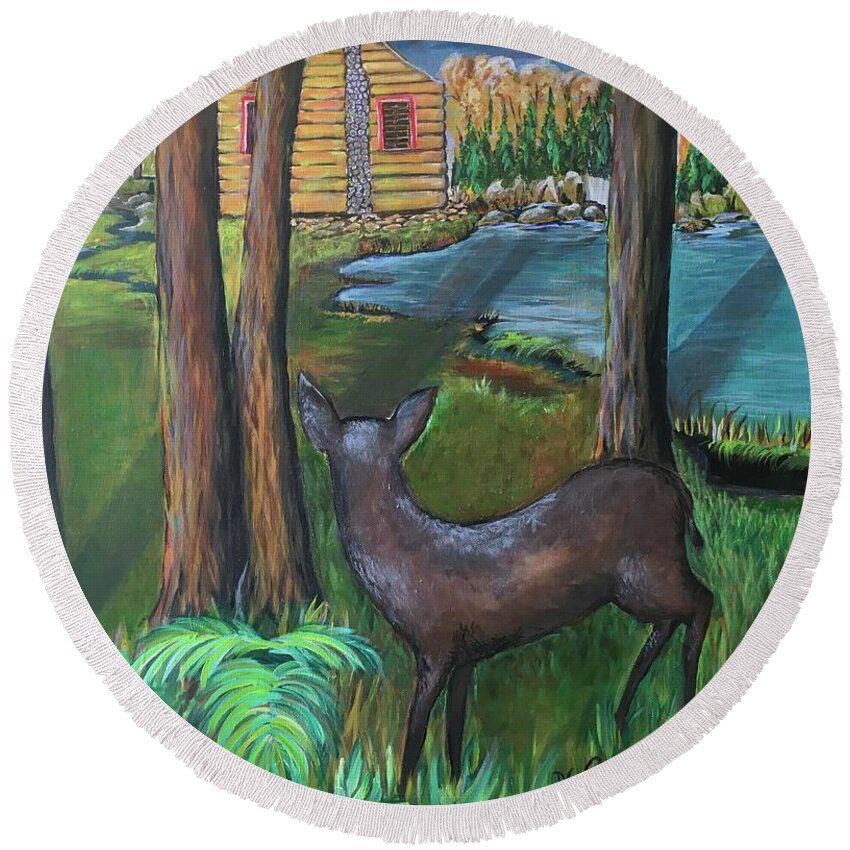 Landscape Round Beach Towel featuring the painting Visitor from woods by Maria Karlosak