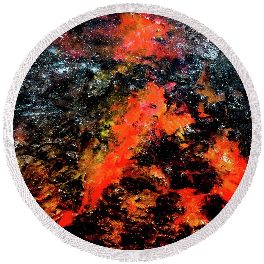Volcano Round Beach Towel featuring the mixed media Volcanic by Patsy Evans - Alchemist Artist