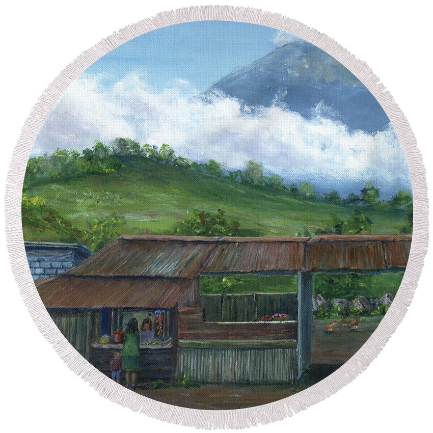 Guatemala Round Beach Towel featuring the painting Volcano Agua, Guatemala, with Fruit Stand by Lenora De Lude