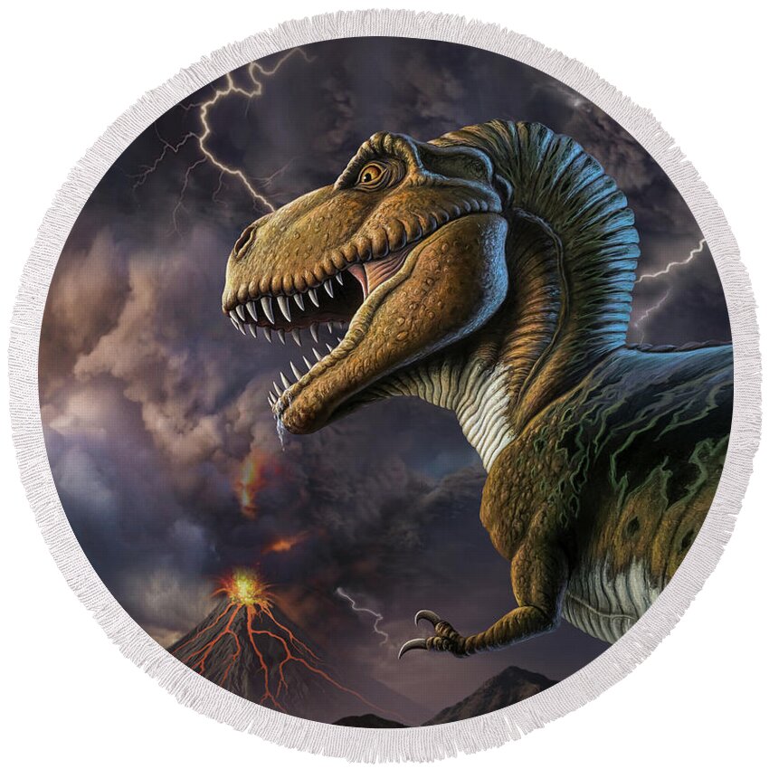 T-rex Round Beach Towel featuring the mixed media Volcano Rex by Jerry LoFaro