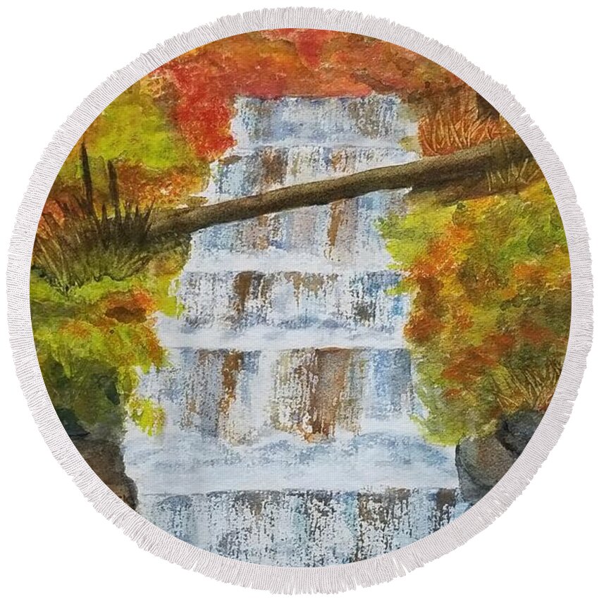 Waterfalls Round Beach Towel featuring the painting Wagner Falls by Ann Frederick