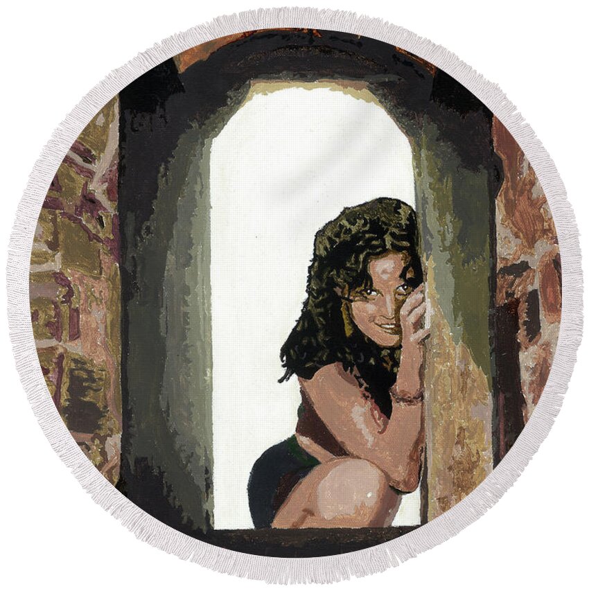 Portraits Round Beach Towel featuring the painting Waiting at the Window by Annalisa Rivera-Franz