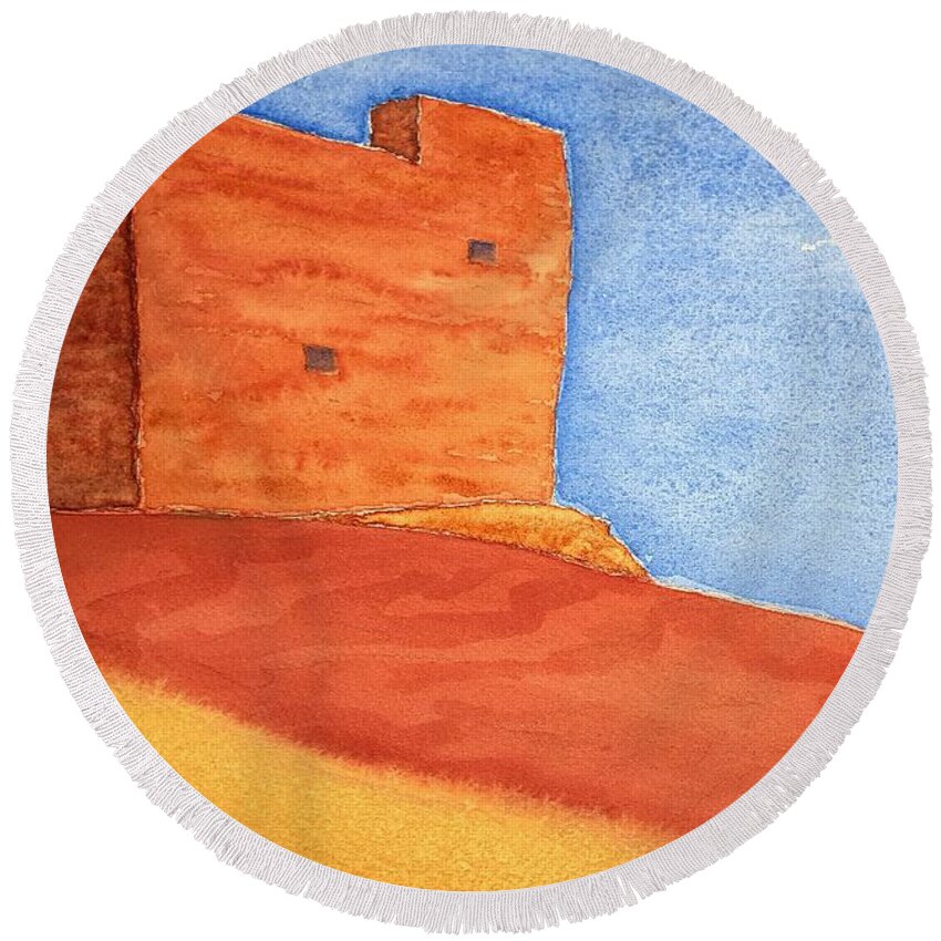 Watercolor Round Beach Towel featuring the painting Wall of Lore by John Klobucher