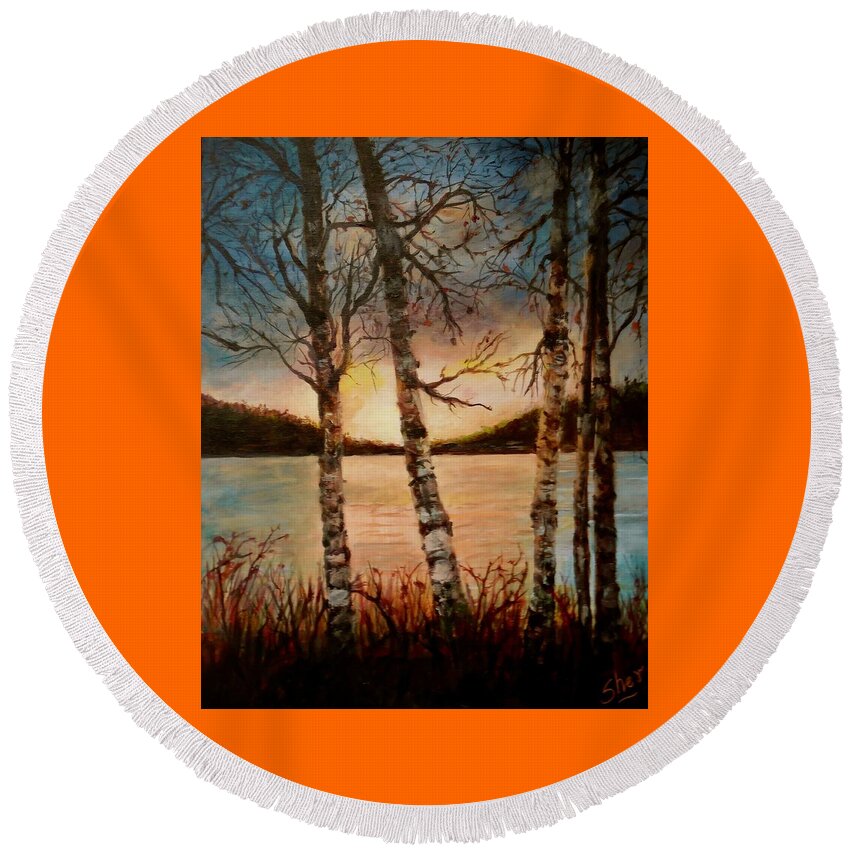 Seascape Round Beach Towel featuring the painting Warm Fall Day by Sher Nasser