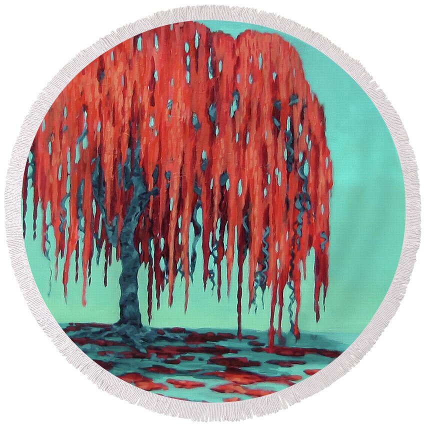 Tree Round Beach Towel featuring the painting Warm Hearted by Karen Ilari