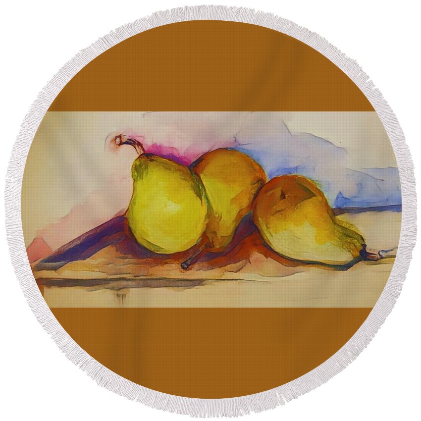 Pears Round Beach Towel featuring the digital art Warm Pear Watercolor by Lisa Kaiser