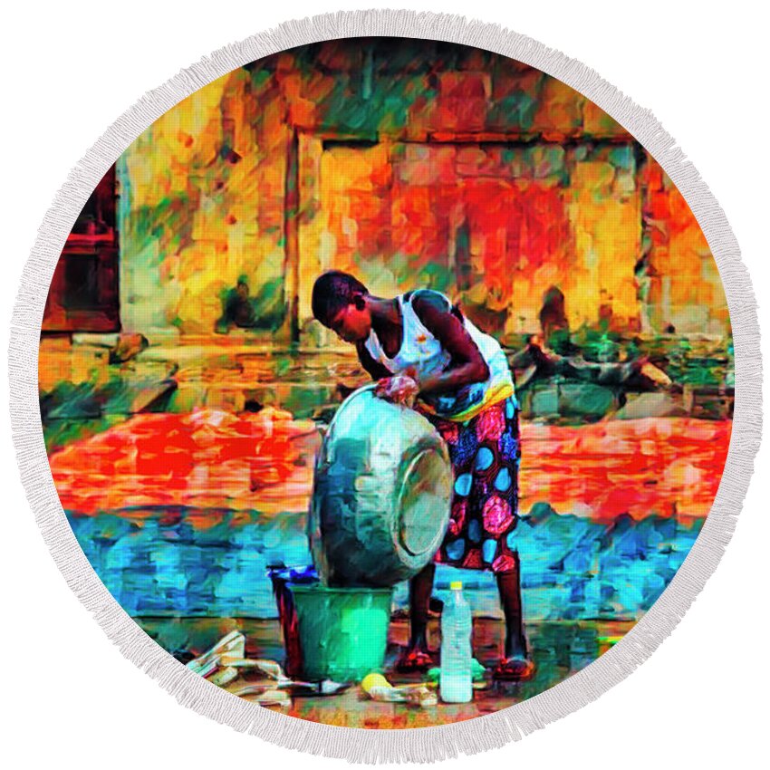 African Round Beach Towel featuring the photograph Wash Day African Art by Debra and Dave Vanderlaan