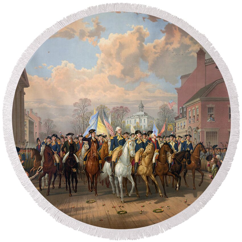 1783 Round Beach Towel featuring the painting Washington Entering New York City 1783 by Granger