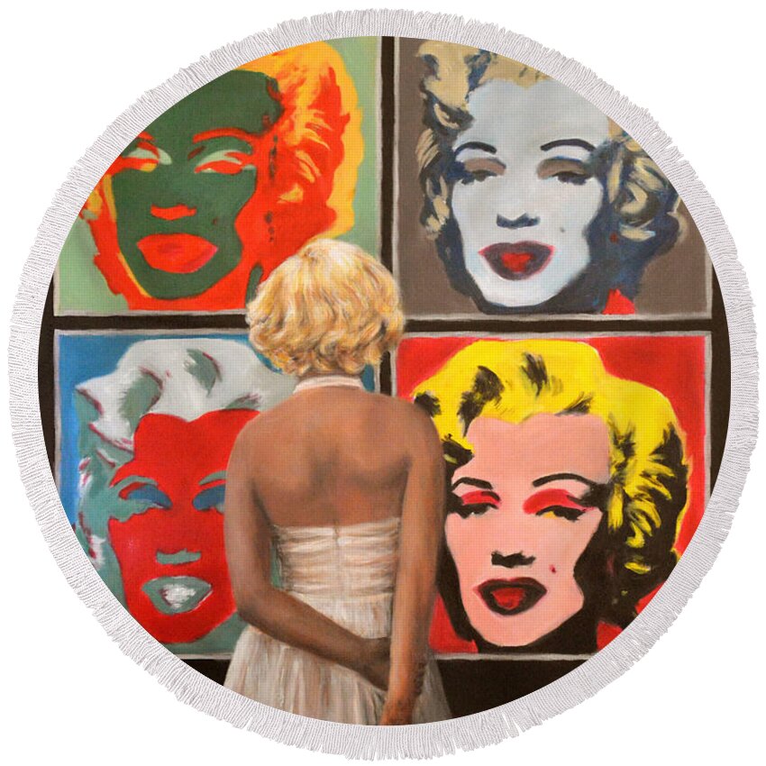  Round Beach Towel featuring the painting Watching Warhol Monroe by Escha Van den bogerd