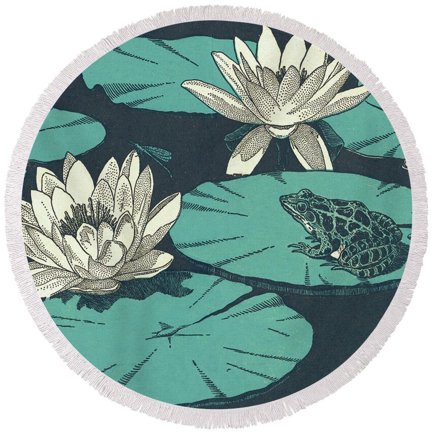 Amphibian Round Beach Towel featuring the drawing Water Lillies and Toad by CSA Images