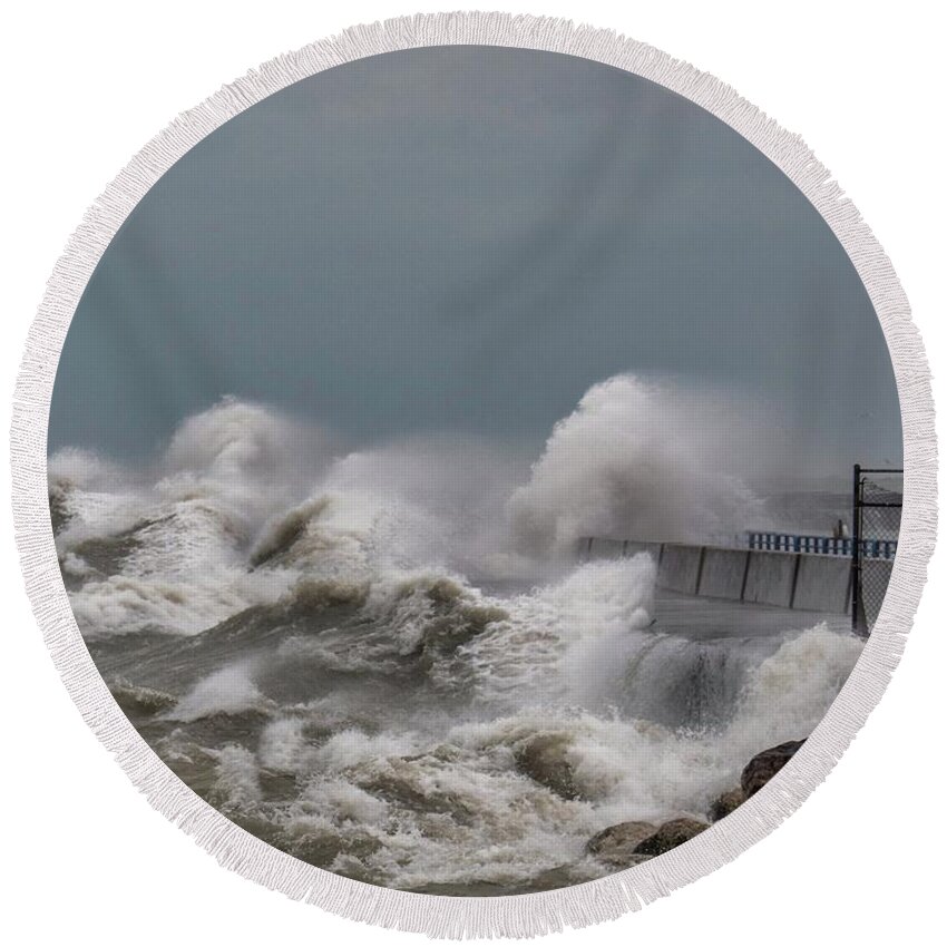 Government Pier Round Beach Towel featuring the photograph Water Power by Kristine Hinrichs