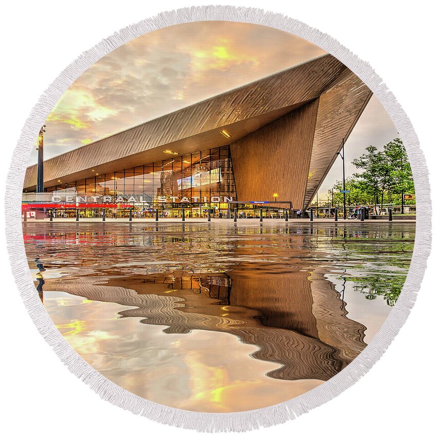 Architecture Round Beach Towel featuring the digital art Water Reflection Central Station Rotterdam by Frans Blok