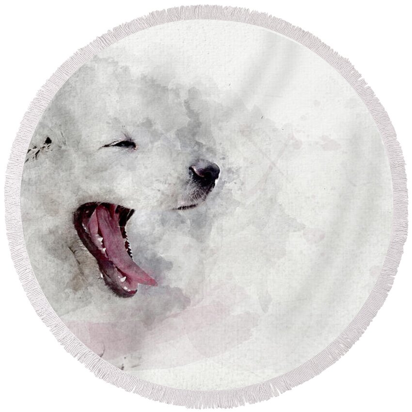 Puppy Round Beach Towel featuring the photograph Watercolor image of white puppy dog yawning. by Michal Bednarek