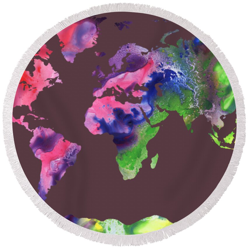 Purple Round Beach Towel featuring the painting Watercolor Silhouette World Map Colorful PNG XI by Irina Sztukowski
