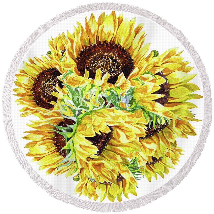 Sunflowers Round Beach Towel featuring the painting Watercolor Sunshine Of Sunflowers by Irina Sztukowski