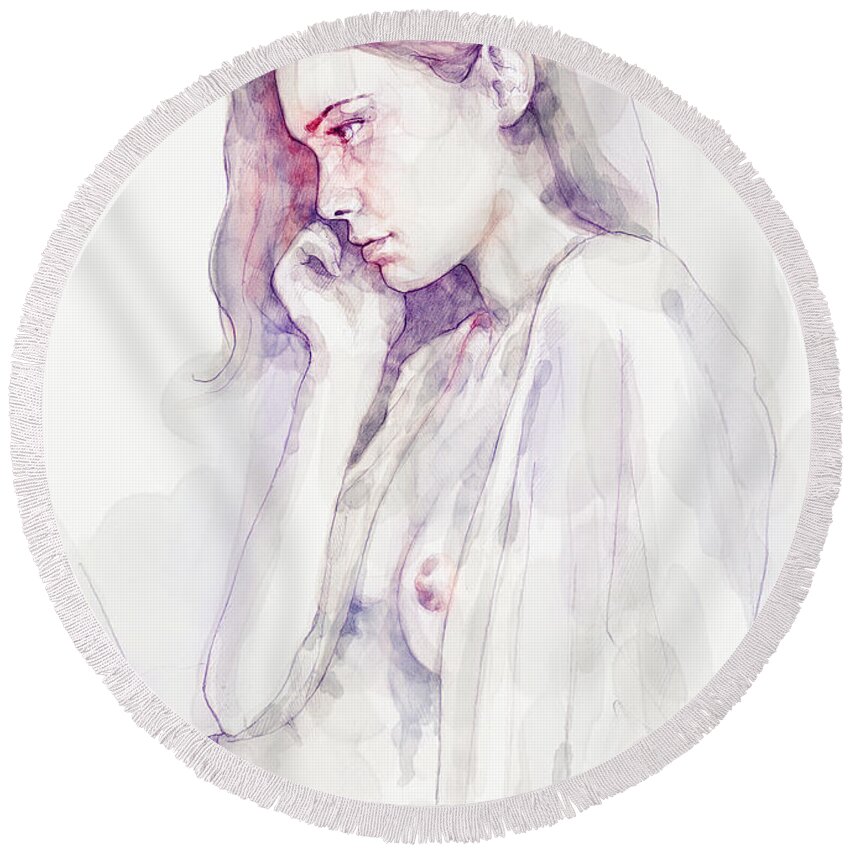 Aquarelle Round Beach Towel featuring the painting Watercolour Sensual Portrait by Dimitar Hristov
