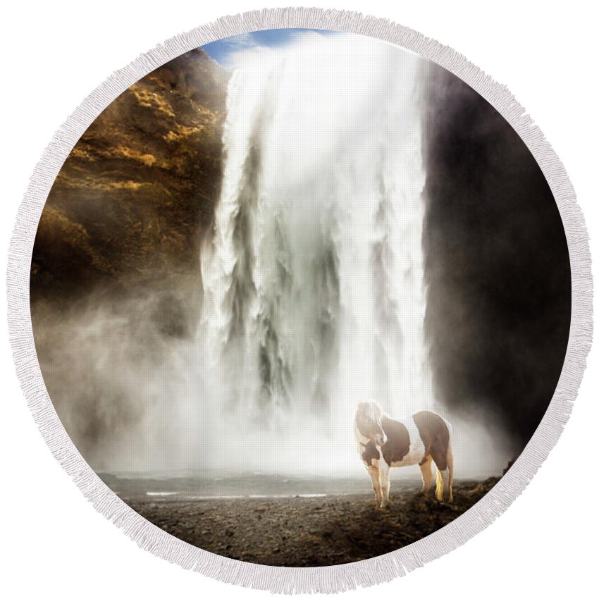 Horse Round Beach Towel featuring the photograph Waterfall #1 by Kathryn McBride