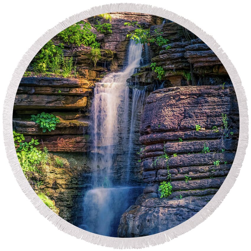 Waterfall Round Beach Towel featuring the photograph Waterfall at Top of the Rock #3 by Allin Sorenson