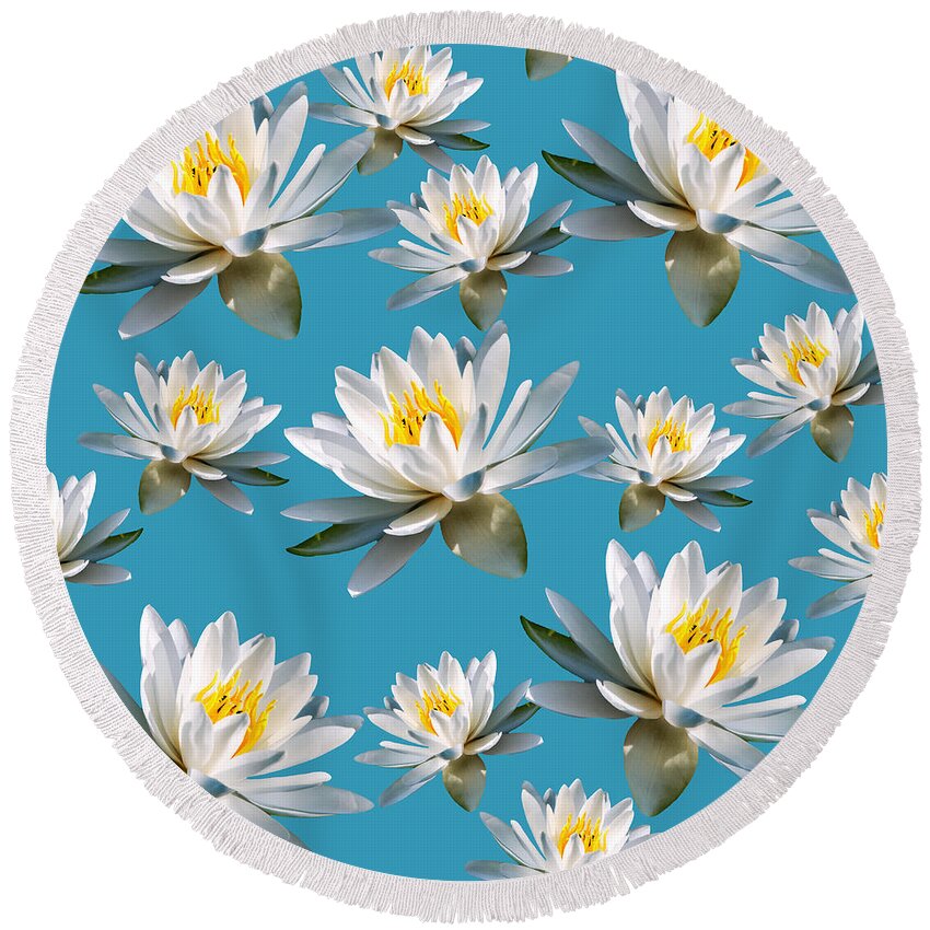 Water Lily Round Beach Towel featuring the mixed media Water Lily Pattern by Christina Rollo