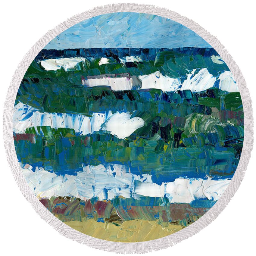 Lake Michigan Round Beach Towel featuring the painting Waves and Blue Sky by Michelle Calkins