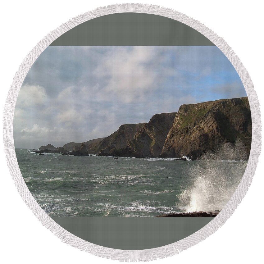 Waves Round Beach Towel featuring the photograph Waves Breaking Over Slipway Hartland Quay Devon by Richard Brookes