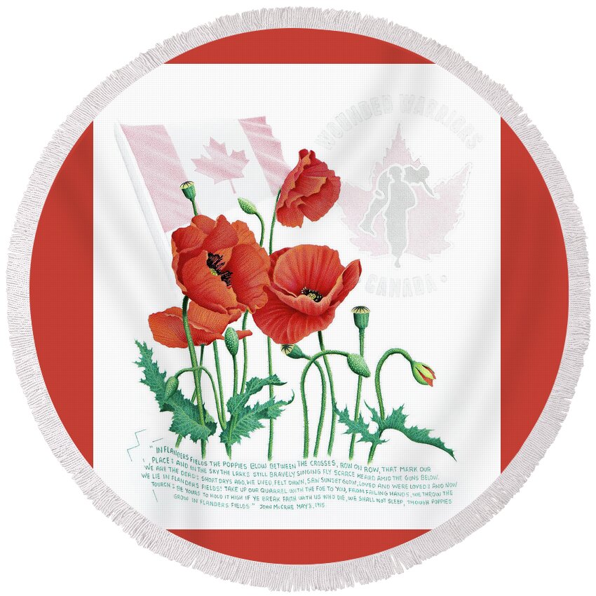 Poppies Round Beach Towel featuring the drawing We Honour and Support by Stirring Images